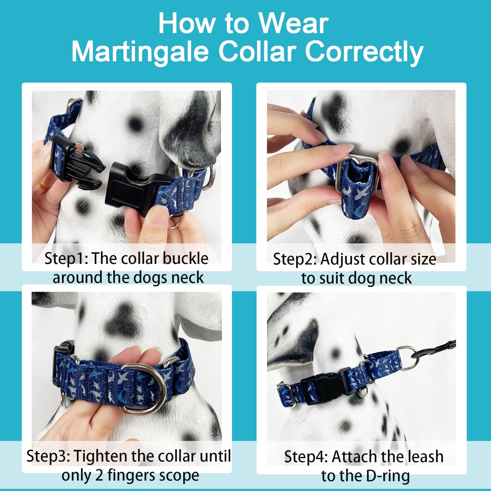 Fidohug Martingale Collar For Dogs With Buckle Heavy Duty Boy Dog Collar For Medium Dogs, Deep Blue Shark
